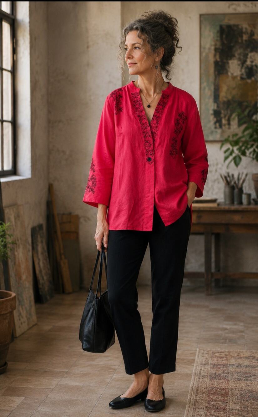 Norm Thompson 100% Linen Red Floral Print Tunic Jacket XL